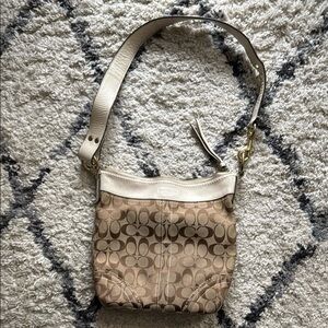 Coach Tan and Brown Signature C Tote Crossbody Bag with White Leather Strap